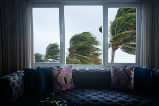 Hurricane winds blowing as seen from inside picture windows of home